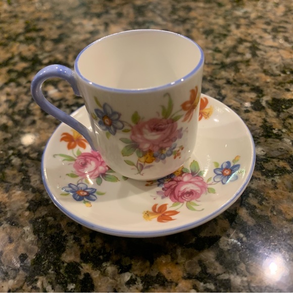 Miniature Shelley England Tea Cup and Saucer Rose Floral with Blue Trim - Picture 9 of 10